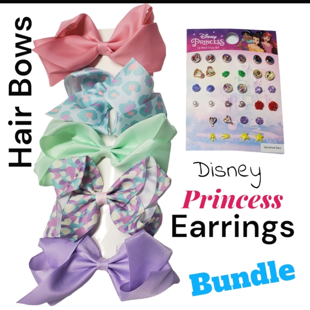 NEW Disney Princess 16 Piece Stud Set & 5 Hair Bow Set
